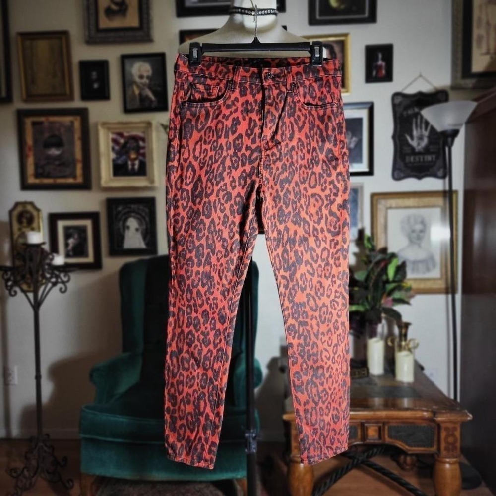 7 For All Mankind Skinny Jeans High-Waisted‎ Jaguar Animal Print Red Denim Pants